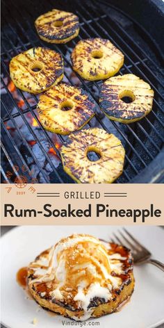 grilled pineapples are being served on the grill with whipped cream and syrup