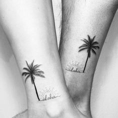 two palm trees with the word aloha tattooed on their legs are shown next to each other