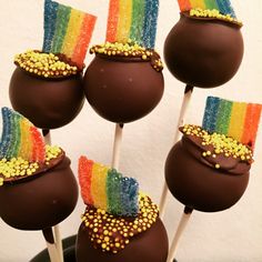 chocolate cake pops with rainbow candies on top