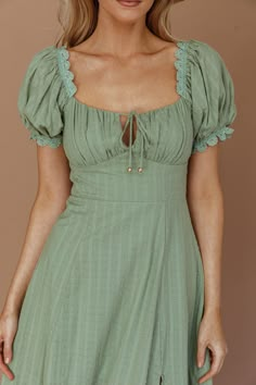 Shop the Chablis Gathered Bust Puff Sleeve Midi Dress Sage | Selfie Leslie Sage Green Dress Vintage, Green Prairie Dress, Gathered Bust Dress, Sage Green Sundress, Black Women Business Attire, Sage Midi Dress, Fall Festival Outfit, Tan Mules, Business Attire Women