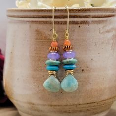 Multi Colored Gemstone Drop Earrings, Nicki Lynn Jewelry Gemstone Drop Earrings, Small Boho, Wilmington Nc, Upcycled Jewelry, Brass Accents, Gold Brass, Amethyst Gemstone, Gorgeous Earrings, Morganite