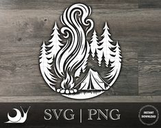 the svg camping logo is shown on a wood background with pine trees and a tent