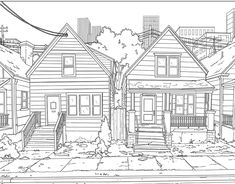 a black and white drawing of two houses in the city with trees on each side