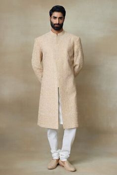 Gold sherwani with dori, sequin, zari embroidery in flower pattern. - Aza Fashions Sherwani For Men, Rohit Bal, Tarun Tahiliani, Gold Silk, Band Collar, Silk Embroidery, Modern Bride, Embroidered Flowers, Full Sleeve