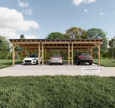 two cars are parked under a covered carport