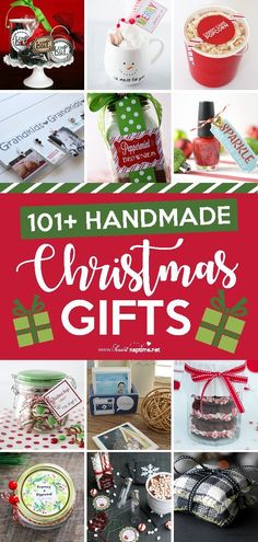 the cover of 101 handmade christmas gifts, with pictures of different items in red and green