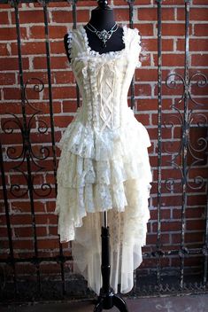 Shrine of Hollywood PARIS CABARET DRESS - IVORY TAFFETA White Lace Corset Dress With Corset Back, White Lace Corset Back Dress, Gothic Sleeveless Corset Wedding Dress, Vintage Overbust Corset Dress With Attached Cancan, Gothic Sleeveless Wedding Corset Dress, Lace Corset With Lace Trim Sleeveless, Sleeveless Lace Corset Dress With Lace Trim, Lace Overbust Corset With Boned Bodice, White Lace Corset Dress With Lace Trim