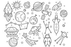 Space Objects in Hand drawn by TopVectors on @creativemarket Space Objects, Space Drawing, Space Drawings, Drawing Flowers, Doodle Sketch, 자수 디자인, Bullet Journal Doodles, Flower Doodles