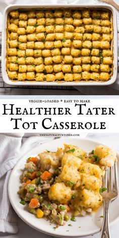 a white plate topped with tater tot casserole next to a pan filled with tater tots