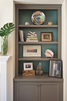 a bookshelf with pictures and other items on the shelves next to a potted plant