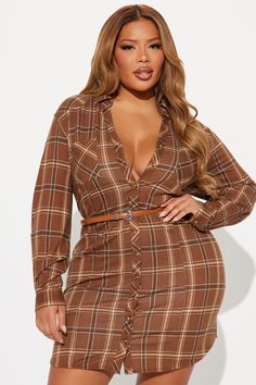 Available In Brown/combo And Orange/combo. Mini Shirt Dress Collared Neckline Long sleeves Button up Length = 33" Disclaimer: Plaid Placement Will Vary 97% Polyester 3% Spandex Imported | Sweet As Honey Mini Shirt Dress in Brown size XS by Fashion Nova Brown Mini Length Shirt Dress For Fall, Brown Fitted Long Sleeve Shirt Dress, Fitted Long Sleeve Plaid Shirt Dress, Fitted Plaid Long Sleeve Shirt Dress, Sweet As Honey, Mini Shirt Dress, Collar Dress, Fashion Nova, Button Up