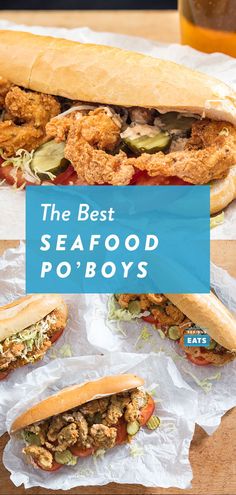 the best seafood po'boys are on display in their wrappers and ready to be eaten