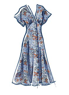 a blue and white dress with orange flowers on it