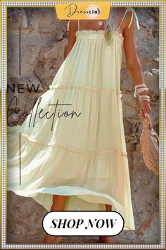 Casual Solid Split Joint Spaghetti Strap Cake Skirt Dresses(3 Colors) Casual Yellow Tiered Skirt Dress, Beige Tiered Skirt Dress For Vacation, Beige Tiered Skirt Beach Dress, Beige Tiered Skirt Dress For Beach, Beige Tiered Skirt Dress For The Beach, Yellow Tiered Skirt Beach Dress, Beige Spaghetti Strap Maxi Dress With Ruffles, Yellow Tiered Skirt Dress For Beach, Beige Maxi Dress With Spaghetti Straps And Ruffles