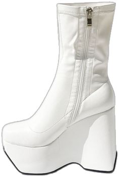 Fitted High Ankle Platform Boots, Fitted High Ankle Platform Boots In Polyurethane, Fitted High-top Platform Boots, White High-top Boots With Padded Ankle, White Fitted Mid-calf Boots With Round Toe, High-top Platform Boots With Padded Ankle, White Fitted Mid-calf High Ankle Boots, Fitted Synthetic Wedge Boots With Round Toe, Fitted Ankle-high Platform Boots With Padded Ankle