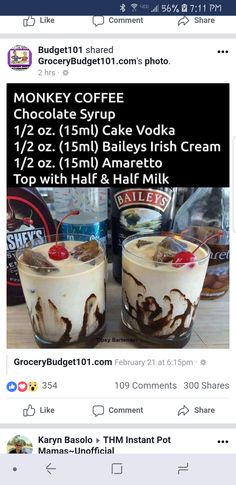 an instagram page with two desserts in glasses on top of each other and the caption reads, monkey coffee chocolate syrup