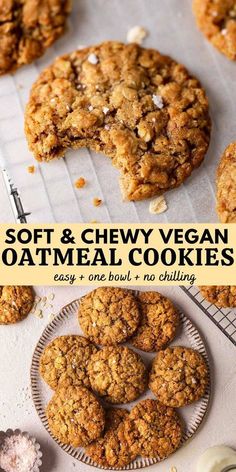 soft and chewy vegan oatmeal cookies on a cooling rack with the title overlay