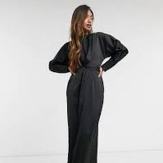 Asos Design Satin Maxi Dress With Batwing Sleeve And Wrap Waist In Black Glossy, Satin-Style Fabric Silky-Smooth And Drapey Features: - Crew Neck - Batwing Sleeves - Front Twist Detail - Tie-Back Fastening - Split To Reverse - Regular Fit - True To Size Materials: 97% Polyester, 3% Spandex. Care Instructions: Machine Wash According To Instructions On Care Label Available Sizes: 10 & 12 Nwot - New Without Tags. Tried On And Washed. Holiday Photos Outfits, Black Tie Attire, Slinky Dress, Embellished Maxi Dress, Cowl Neck Long Sleeve, Satin Maxi, Black Wedding Dresses, Satin Maxi Dress, Photo Outfit