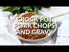 crock pot pork chops and gravy on a white plate