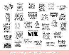 the svg bundle includes wine and other handwritten lettering, including words that are also in