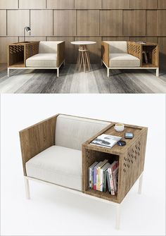 two chairs and a table with books on them in the same room, one is made out of wood