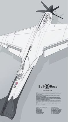 a drawing of an airplane with propellers on it's wings and the words bell & ross written below