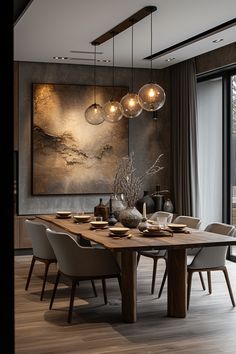 a dining room with a large painting on the wall and wooden table surrounded by chairs