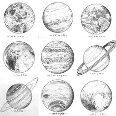 the solar system is shown in this black and white drawing, which includes eight planets