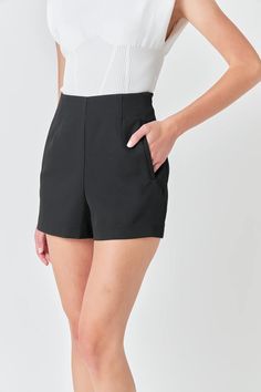 Details: black structured shorts high rise pockets side zipper belt loops size guide: Height 5'10" / Bust 32" / Waist 24" / Hips 35" model is wearing a size small wash and care: 95% polyester, 5% spandex hand wash cold, hang to dry, iron low Zipper Belt, Maxi Romper, Resort Wear, High Waisted Shorts, Outerwear Jackets, Custom Fit, Side Zipper, Denim Skirt, Jumpsuit Romper