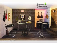 an artist's rendering of a music studio with guitars on the wall