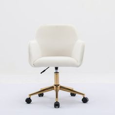 an office chair with wheels and a white upholstered leather seat, viewed from the front