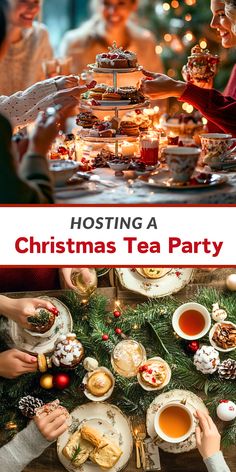 christmas tea party with people eating and drinking