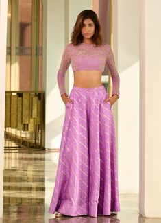 Lavender Jamewar Palazzo Set Chamee and Palak - Fabilicious Fashion Full Sleeve Net Blouse, Palazzo And Blouse, Net Blouse, Net Blouses, Vacuum Storage, Golden Pattern, Palazzo Set, Indian Wedding Wear, Organza Dupatta