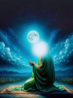 a painting of a person sitting on the ground in front of a full moon