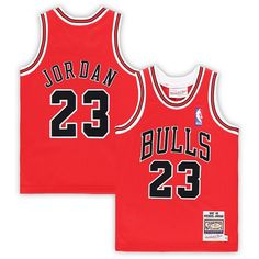 the chicago bulls'michael jordan jersey is shown in red and has black numbers on it