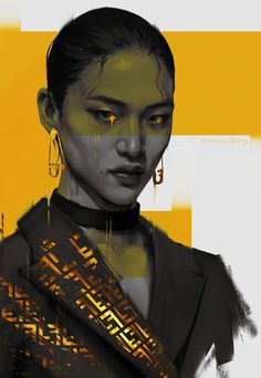 a digital painting of a woman with earrings on her head and an abstract yellow background