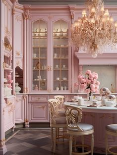 a pink kitchen with chandelier, table and chairs