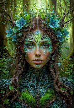 a woman with green makeup and leaves on her face in the middle of a forest