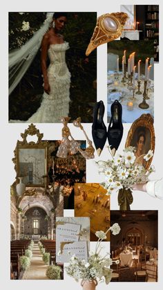 a collage of wedding photos with white flowers and black high heel shoes on display