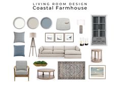 living room design coastal farmhouse house with neutrals and blues in white, blue, gray