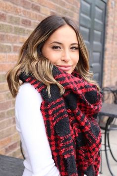 This scarf just screams fall! It is the perfect scarf to throw on when you are going to be out in the crisp, autumn air! Plus, we love a good blanket scarf! Their size gives them so much versatility! 100% Acrylic Imported. Cooling Blanket, Blanket Scarf, Felt Hat, Shades Of Black, Fall Wardrobe, Love A, Hand Warmers, Winter Scarf, Plaid Scarf