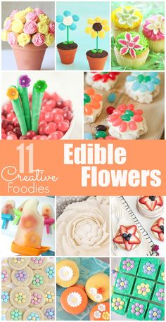 collage of edible flowers with text overlay that reads 11 creative flower crafts for kids