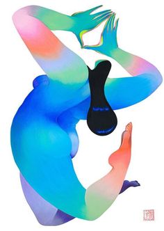 a woman in blue and pink is holding her hand up to her face as she bends down