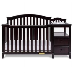 a baby crib with two drawers and a night stand next to it on a white background