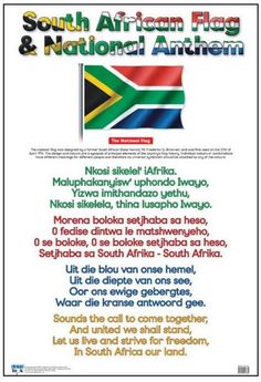 the south african flag and national emblem on a white background with words in different languages