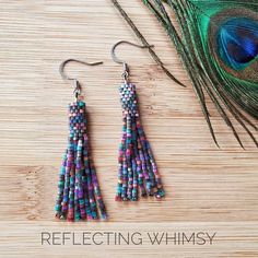 Adjustable Iridescent Beaded Earrings, Elegant Multicolor Nickel-free Beaded Earrings, Delica Beads, Beaded Fringe, Tassel Fringe, Fringe Earrings, Black Opal, Opal Gemstone, Bead Weaving