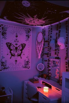 a room with purple lighting and decorations on the walls, including a butterfly wall hanging