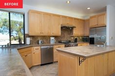 an empty kitchen with stainless steel appliances and wood cabinets, before and after remodeling