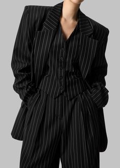 Holland Suit Vest - Black/White Pinstripe – The Frankie Shop Black Suit Vest, Woman In Suit, Black White Outfit, Women's Suits, The Frankie Shop, Suiting Fabric, Frankie Shop, Pinstripe Suit, Fashionista Clothes