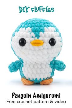 a crocheted penguin is shown with the text, diy puffies